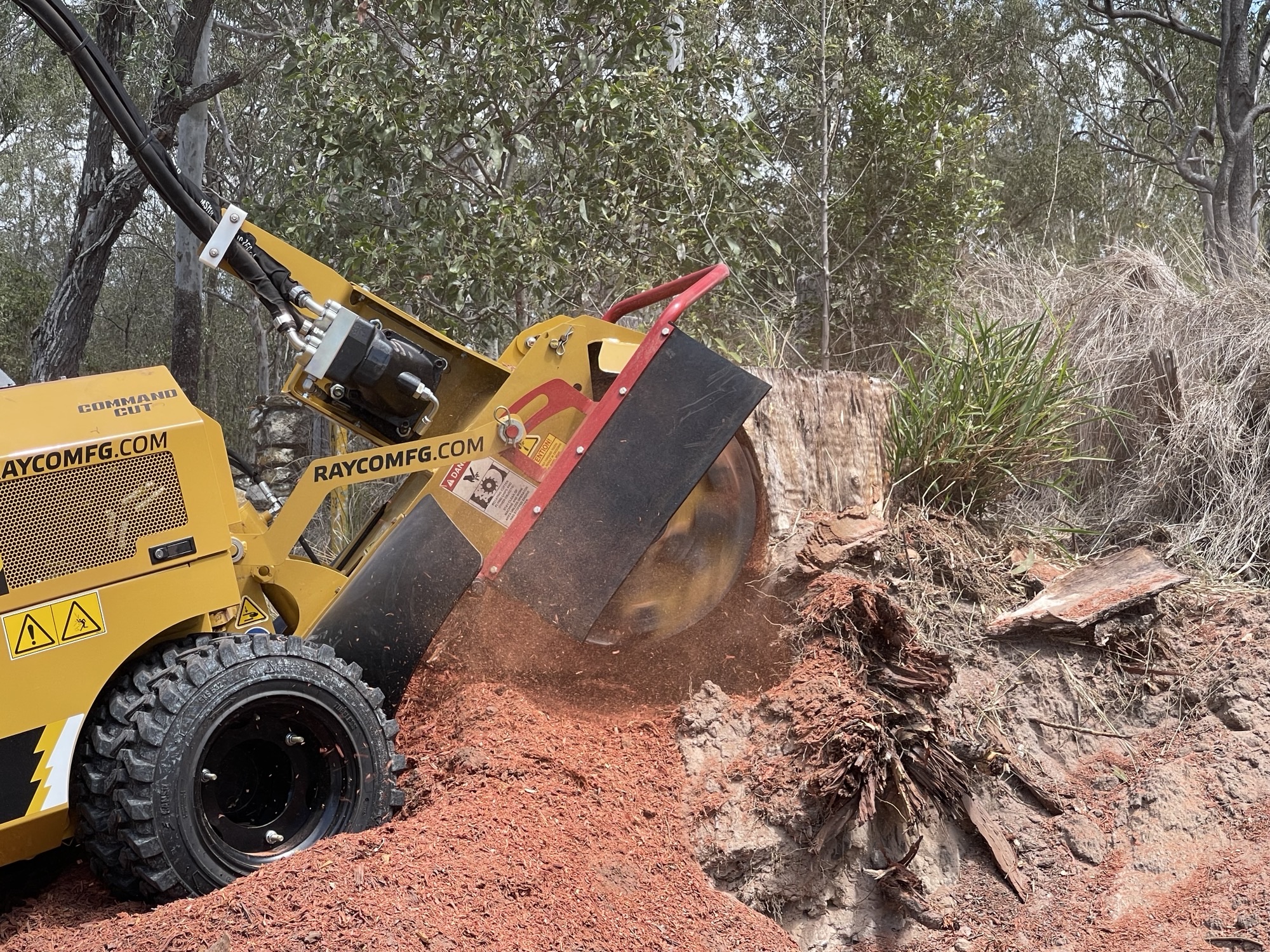 Expert performing precision stump grinding with specialized machinery in a Brisbane backyard, showcasing Dynamic Tree Solutions' expertise.