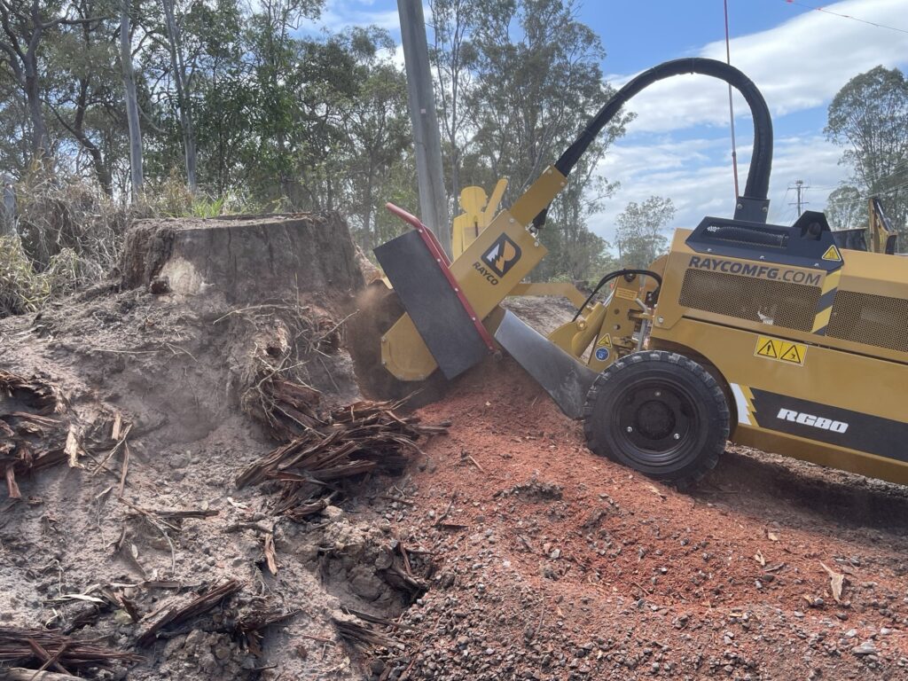 Level 3 arborist from Dynamic Tree Solutions removing a large tree stump in Ipswich, leaving a clean, open space.