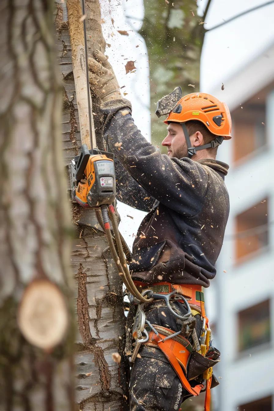 Professional arborist safely removing a tree in an urban environment, highlighting expertise and safety