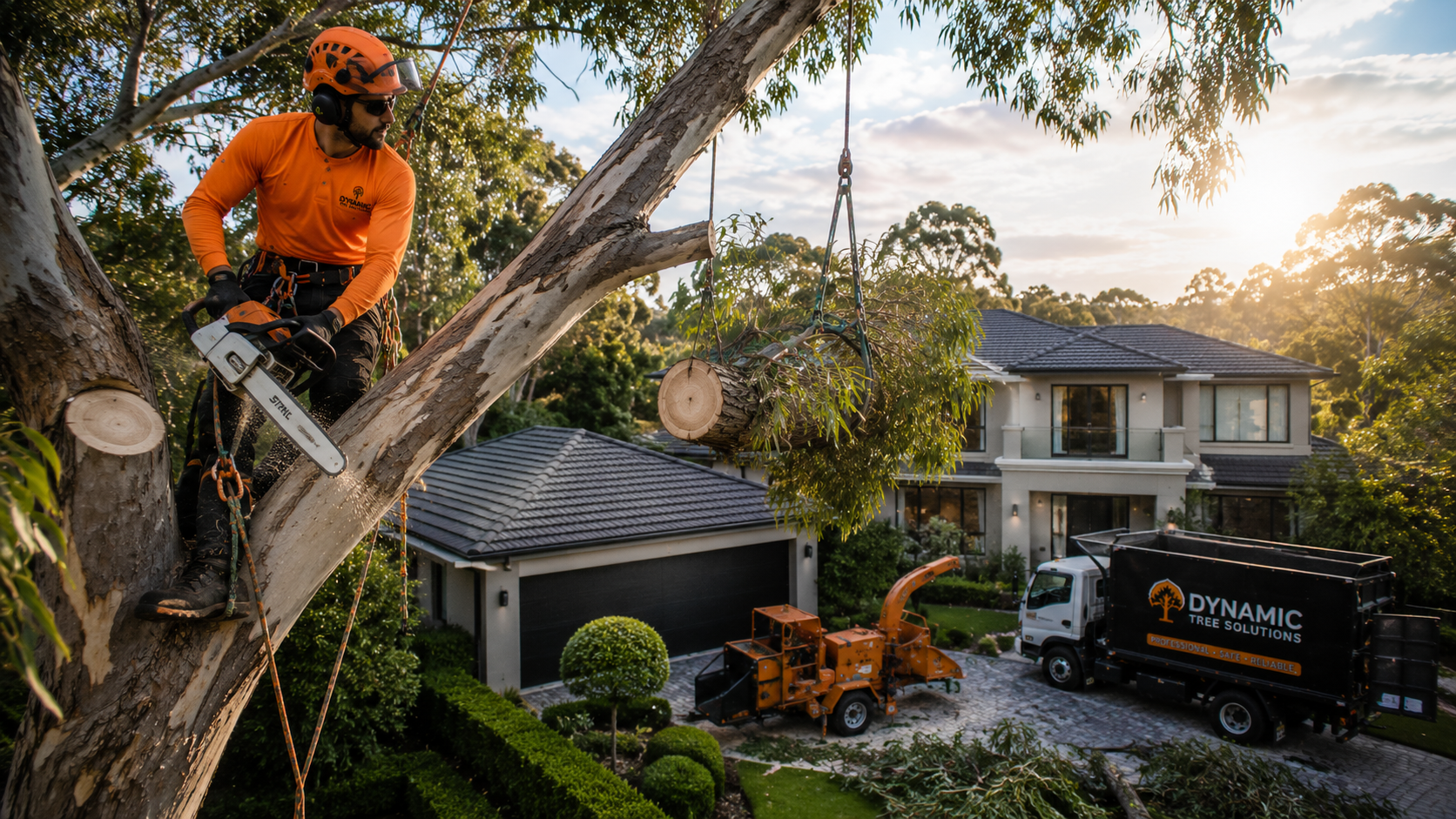 Tree removal Camira — Camira arborist working on mature gum tree in Ipswich suburb