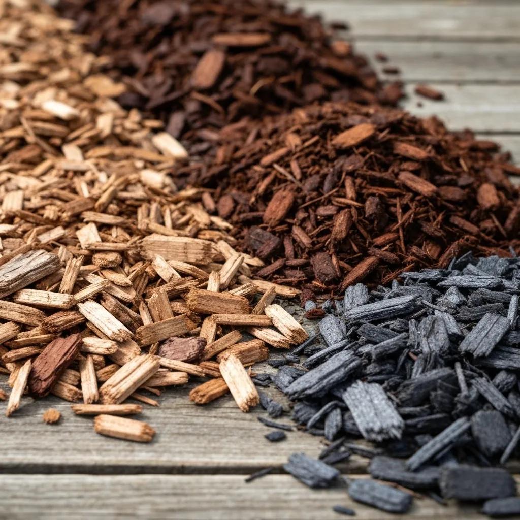 A diverse selection of mulch types, including arborist wood chips, forest mulch, and cypress mulch, artfully arranged.