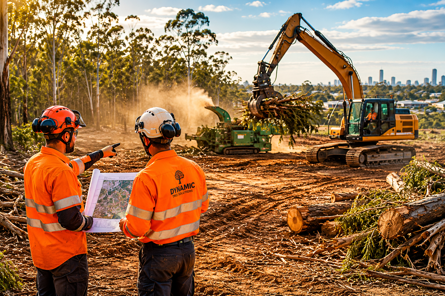 Civil works land clearing Brisbane — Dynamic Tree Solutions forestry mulcher and excavator clearing a large development block in South East Queensland