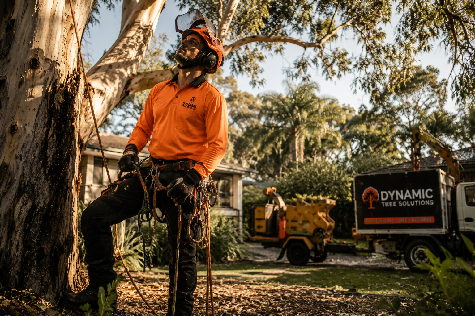 Certified arborist Brisbane — AQF Level 5 qualified tree specialist climbing a large tree