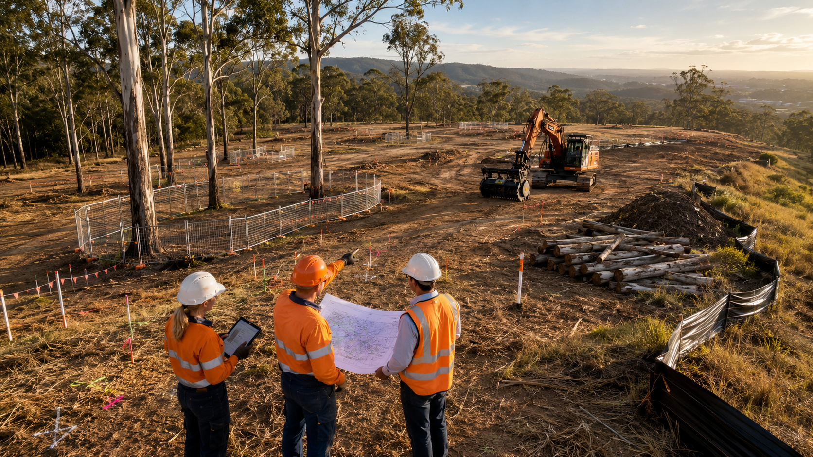 Land clearing planning checklist Brisbane — Dynamic Tree Solutions civil contractor crew planning a development block clearing scope with AQF Level 5 arborist site assessment
