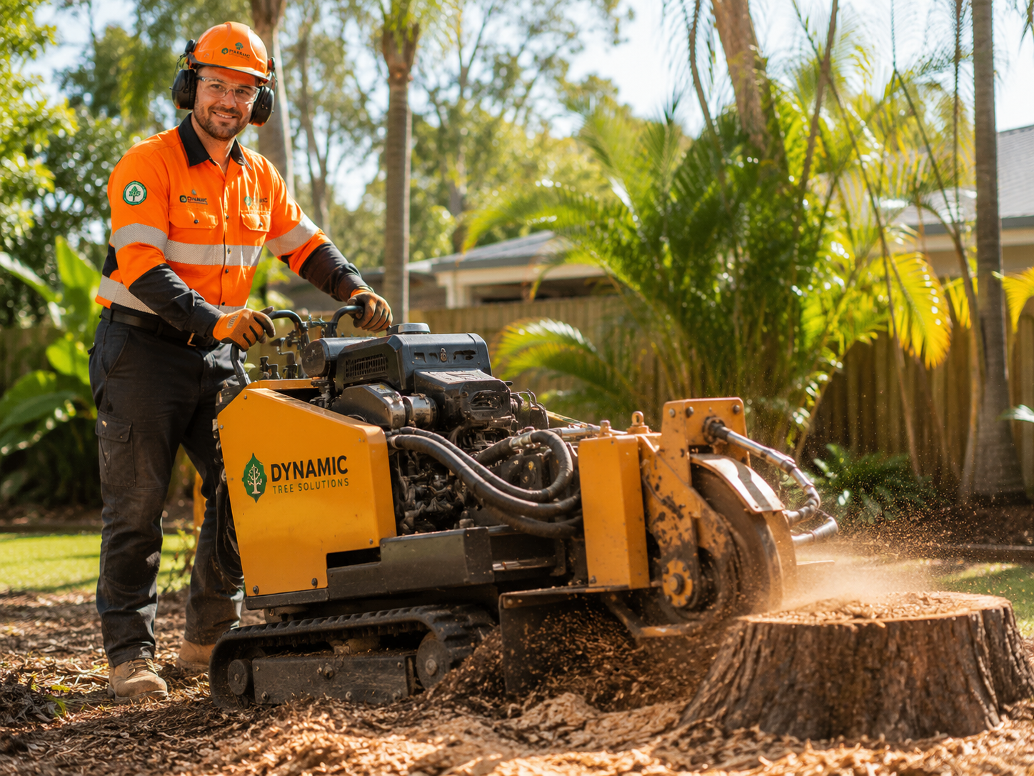 Professional arborist in an orange hi-vis Dynamic Tree Solutions uniform operating a yellow tracked stump grinder in a sunny Brisbane backyard, with woodchips flying from a large tree stump surrounded by tropical landscaping.