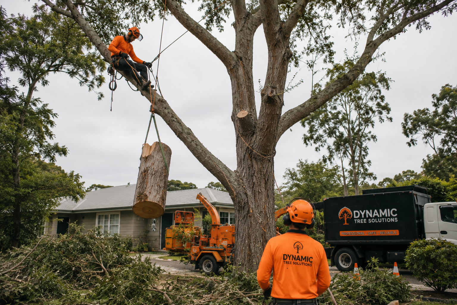Tree Removal Cost Brisbane Tree removal cost Brisbane — arborist using crane to remove a large gum tree in suburban Brisbane