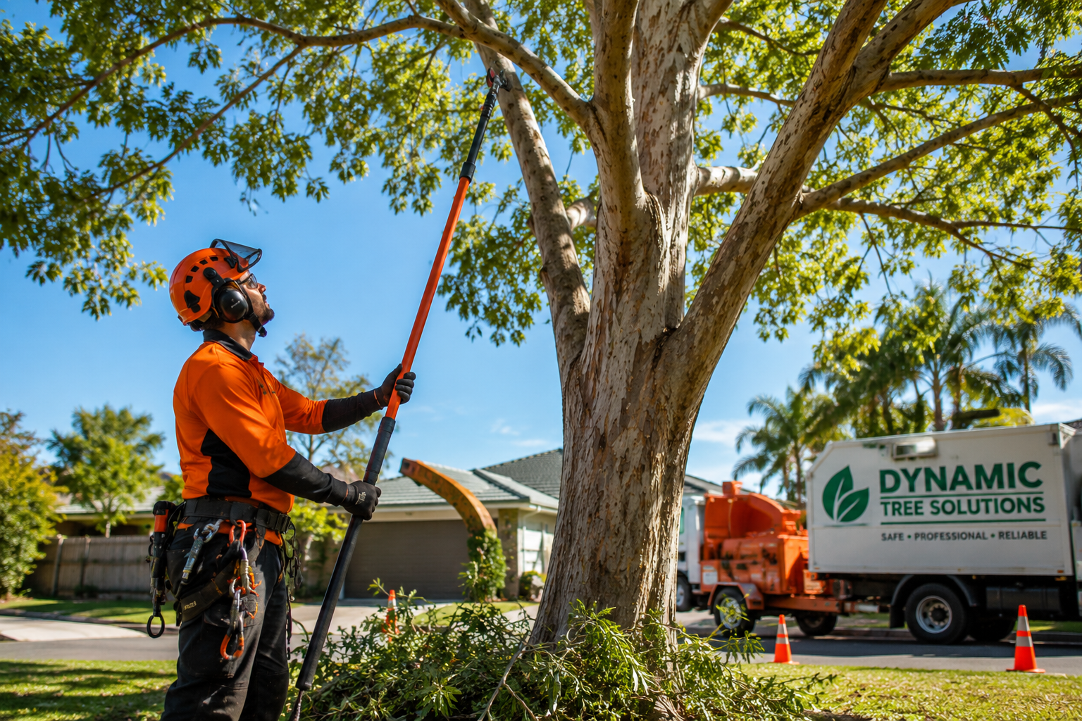 Best time to prune trees Brisbane seasonal guide — Dynamic Tree Solutions AQF arborist performing winter pruning on a mature eucalypt following Australian Standard AS 4373-2007 pruning of amenity trees across South-East Queensland