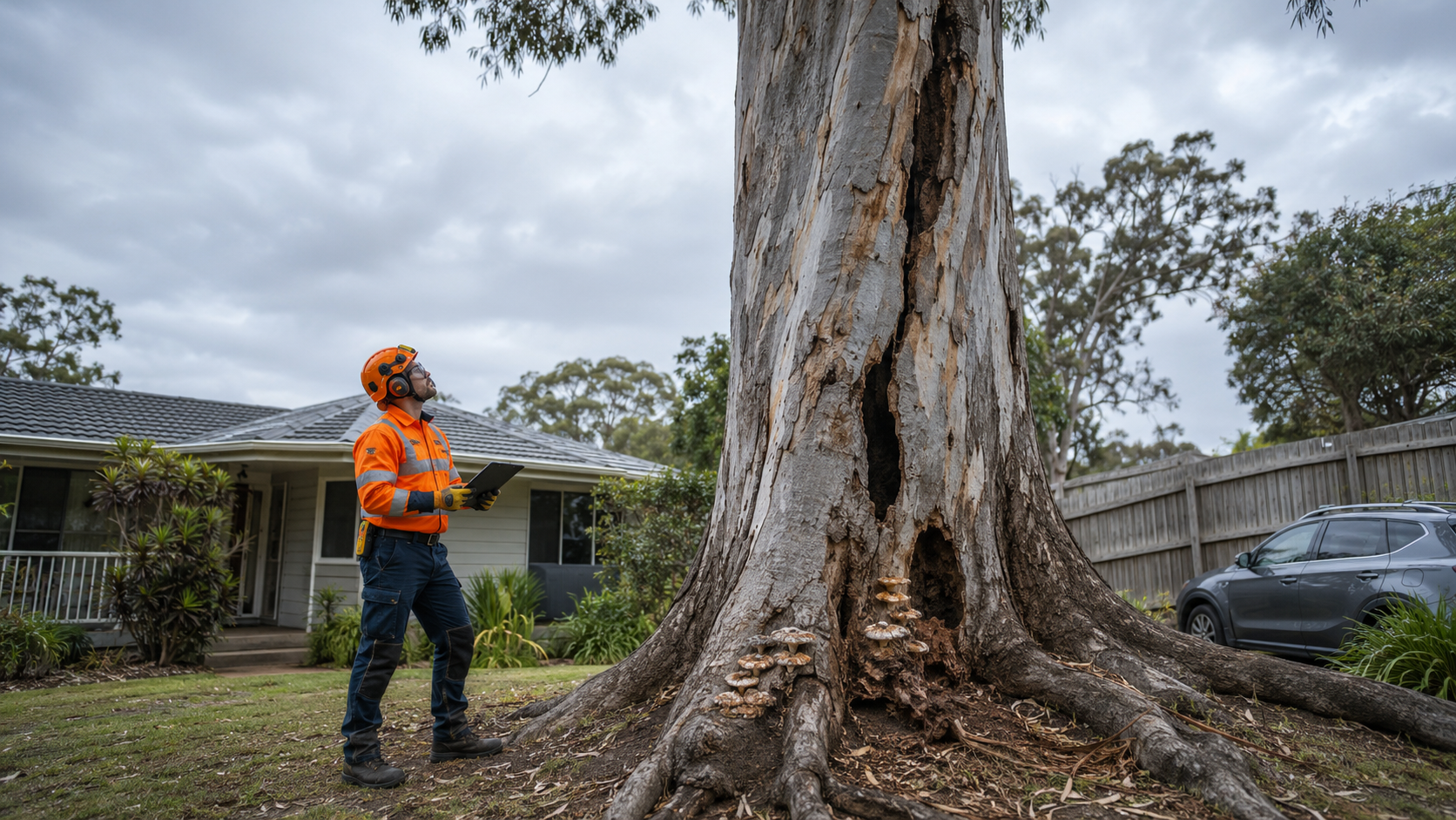 How to Identify Dangerous Tree Brisbane — Warning Signs Guide How to identify a dangerous tree Brisbane warning signs guide — Dynamic Tree Solutions AQF Level 5 consulting arborist conducting visual tree assessment for fungal brackets, root plate failure, structural defects and hazardous lean indicators on a mature Brisbane property tree