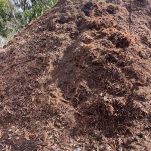 Truckload pile of double-grind palm mulch at Dynamic Tree Solutions' Ellen Grove depot, ready for delivery across Brisbane, Logan and Ipswich