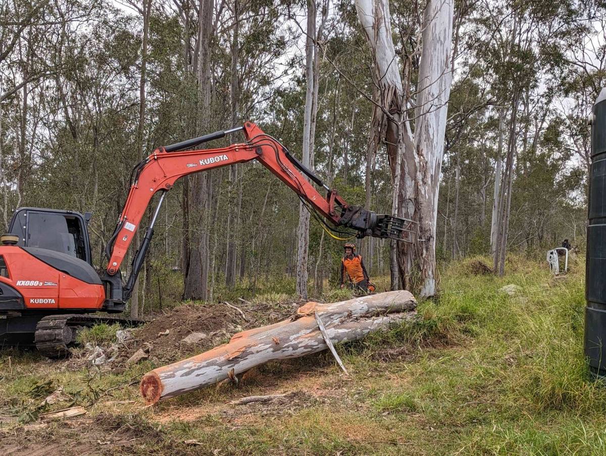 Kubota excavator moving a felled gum log on a bush block
