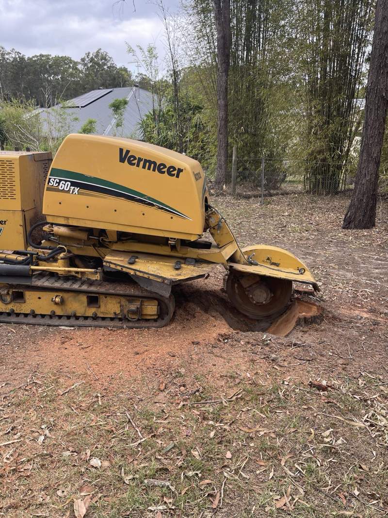 Vermeer SC60TX stump grinder grinding a stump beside a wire boundary fence on an acreage block in south-east Queensland